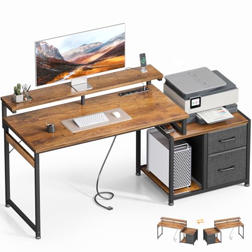 AODK Computer Desk with Printer Storage Shelf, 56 Inch Office Desk with Drawers & Power Outlet, Reversible Desk Space-Saving Workstation with Individual PC Stand, Rustic Brown