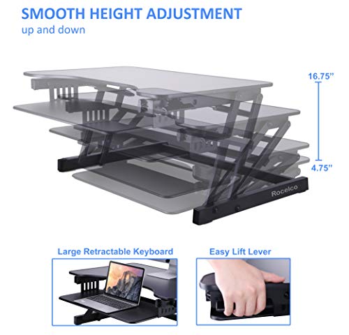 Rocelco 32" Height Adjustable Standing Desk Converter - Slide Out Retractable Keyboard Tray - Sit Stand Up Double Monitor Riser - Dual Piston Lift Assist Tabletop Computer Workstation - Black (R ADRB)