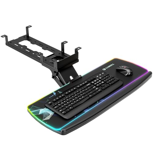 Keyboard Tray Under Desk with Storage Drawer, Height Adjustable Keyboard Tray Slide Out 360° Swivel Tilt, Ergonomic Under Desk Mount Keyboard & Mouse pad Lighting, Black