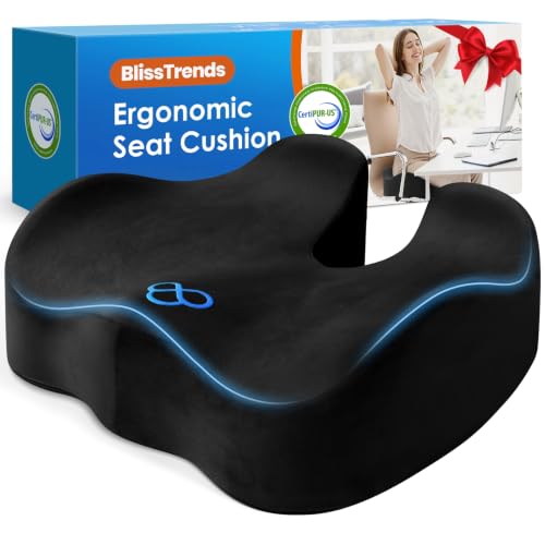 BlissTrends Seat Cushion with Velvet Cover, Thick Memory Foam Cushions for Office Chair, Car Seat, Airplane, Relieving Pressure Tailbone Sciatica Back Pain for Long Sitting, Car Drivers 4.7in Black