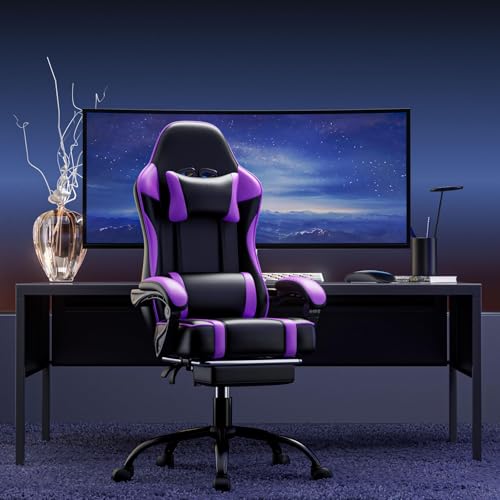 Gaming Chair, Computer Chair with Footrest and Lumbar Support, Ergonomic Video Game Chair with Headrest, Height Adjustable Gamer Chair Office Desk Chair, Purple