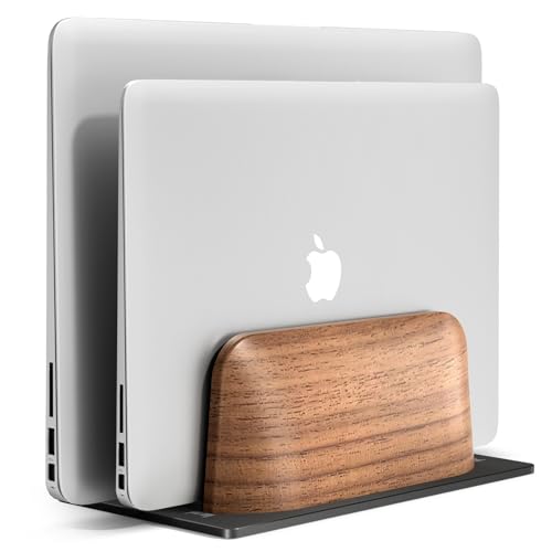 UPERGO Vertical Laptop Stand, Dual Slot Wooden Laptop Holder Vertical for Desk, Width Adjustable Dock for MacBook Pro and Other Laptops