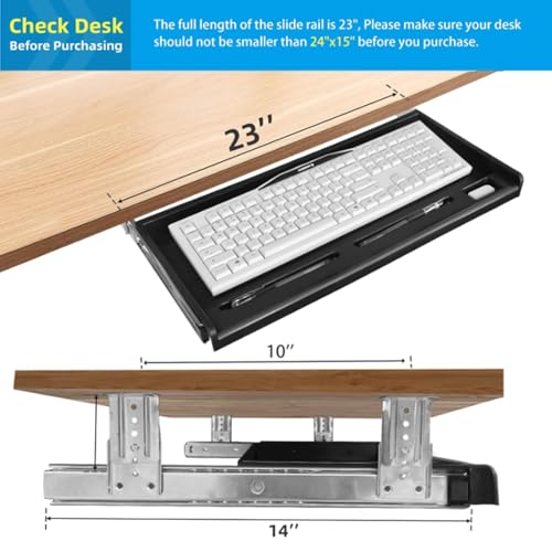 TOOCUST Under Desk Keyboard Tray, 20" Wx11"D Sturdy Key Board Tray Under Desk Slide with Pen Tray, Desk Extender with Pen Holder,Black