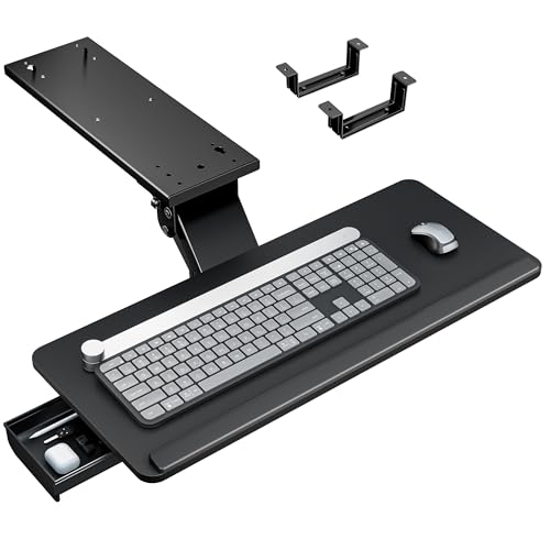 PEGZONE Keyboard Tray Under Desk with Storage Drawer, Height Adjustable Keyboard Tray Slide Out Swivel Tilt, Ergonomic Under Desk Mount Keyboard & Mouse Holder for Gaming Home Office, 25x11'', Black