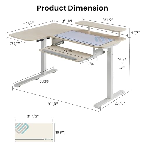 EUREKA ERGONOMIC 55 Inch L Shaped Electric Standing Desk, Height Adjustable Computer Gaming Desk with Keyboard Tray, Mouse Pad, Home Office Work, Maple Wood, Left Side