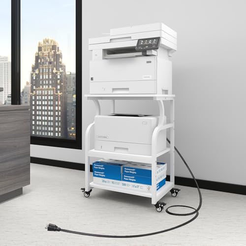 Natwind Large Printer Stand, 24''x20''x29'' Printer Table with Adjustable Storage Shelf, 3 Tier Rolling Cart with Wheels, Multifunctional Home Office Shelves for Heat Press, 3D Printer (White)