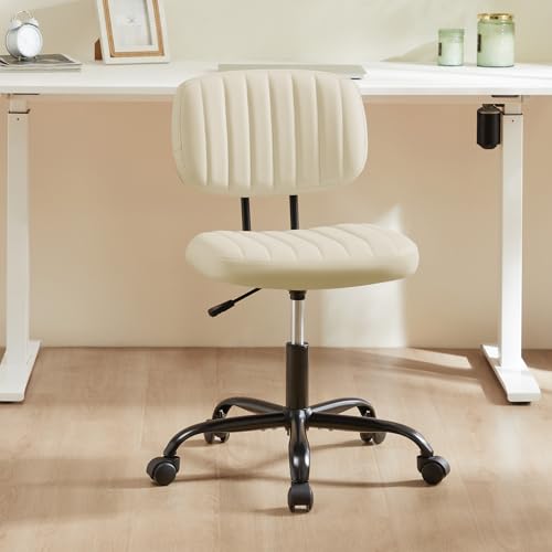 Sweetcrispy Small Office Desk Chair - Armless PU Leather with Comfy Lumbar Support, Height Adjustable Rolling Swivel Task for No Arms, for Adult, Student, Bedroom, Home, Vanity, Beige White
