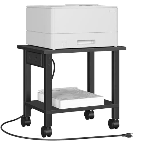 TUTOTAK 2 Tier Printer Stand, Rolling Printer Cart with Power Outlets and USB Ports, Mobile Printer Table with Wheels, for Under Desk, Office, Home, Black PS01BK001