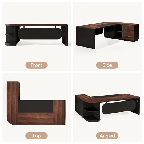Tribesigns 81'' L-Shaped Executive Desk, Large Modern Office Desk with Drawers and File Cabinet for Home or Business Workspace, Computer Desk with Storage Shelves, Walnut & Black
