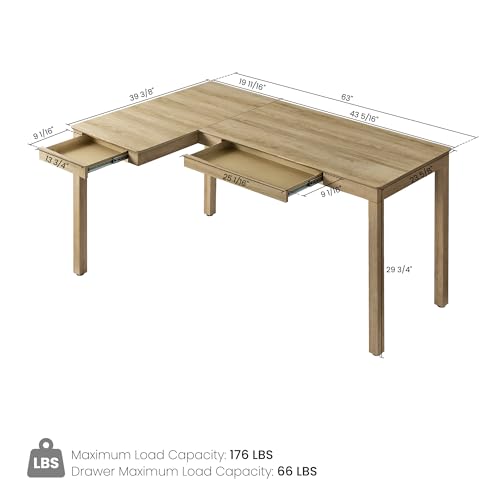 EUREKA ERGONOMIC 63 Inch L Shaped Desk with Drawers, Large Executive Computer Corner Table Dual Monitor, Wood Furniture Work Desk for Home Office Study Craft Writing, Oak, Left Side