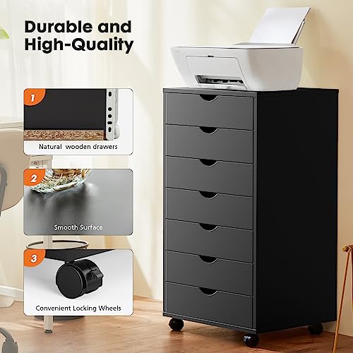 OLIXIS 7 Drawer Mobile File Cabinet Under Desk Storage Organization with Wheels Vertical Filing Chest Rolling Wood Small Desk Printer Stand for Home Office, 15.75"D x 18.74"W x 34.25"H, Black