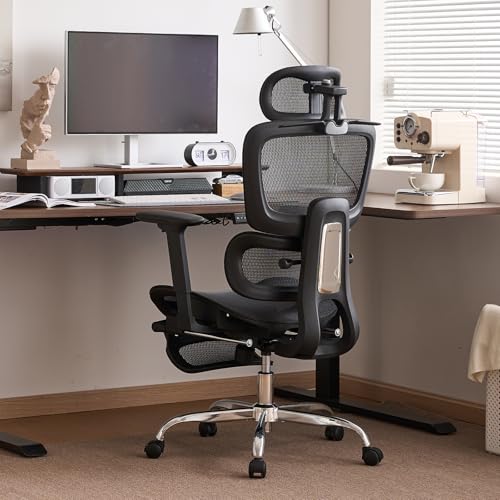 LarkLeaves Office Chair with Footrest, Ergonomic Chair with 3D Headrest, Computer Chair with Adjustable Backrest & 3D Armrest, Gaming Chair with Adaptive Lumbar Support, Mesh Backrest & Cushion, Black