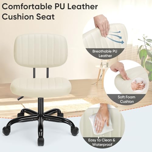 DUMOS Armless Home Office Executive Chair - Small Desk Chair with Low Back Lumbar Support, Height Adjustable PU Leather Computer Task Chair with 360° Swivel Wheels, for Adults, Beige