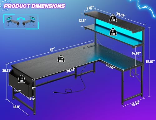 DurayLoly 53 Inch L Shaped Desk Gaming Desk with LED Light & 5 Power Outlet, Reversible Computer Desk with Shelf & Storage Bag Gamer Corner Desk with Headphone Hook for Gaming Room,Small Space,Black