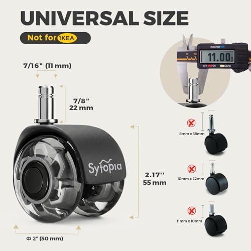 Office Chair Wheels 2" Desk Chair Caster Wheels Smooth Roller Style Quiet for Carpet and Hardwood Floors Universal Fit 11x22 mm Set of 5 Grey