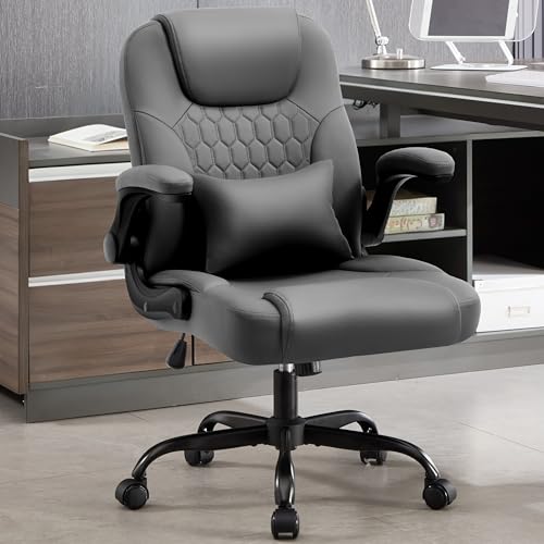 Nexthro Executive Office Chair PU,Leather Office Chair with Wheels,360° Swivel Rolling Chair with Padded Arms,Ergonomic Computer Chair with Lumbar Support for Short People Use (Grey)