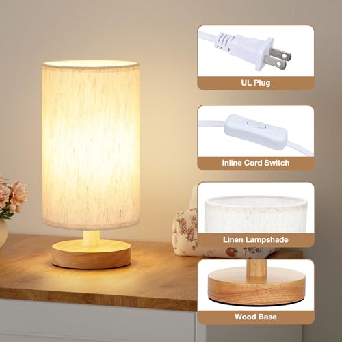 Fenmzee Small Table Lamp for Bedroom - Inline Control, Bedside Lamp with 3000K A15 LED Blub, Easy Assembly (Cream Shade - Wood Base, 9" Inline Control)