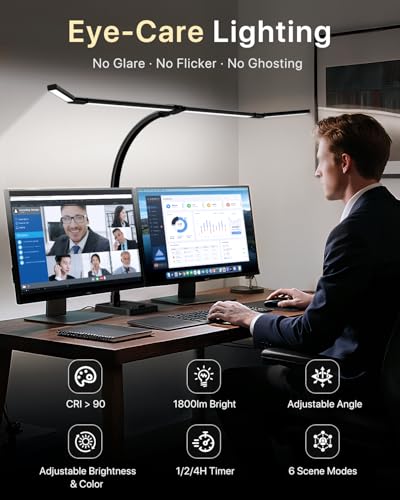 ONEMIX 42" LED Desk Lamp for Home Office, Eye-Caring Desk Light with Adjustable 4-Segment Bar, 1800LM Bright, Remote, Architect Table Lamp with Base for Dual Monitors, Reading, Study, Workbench(Black)