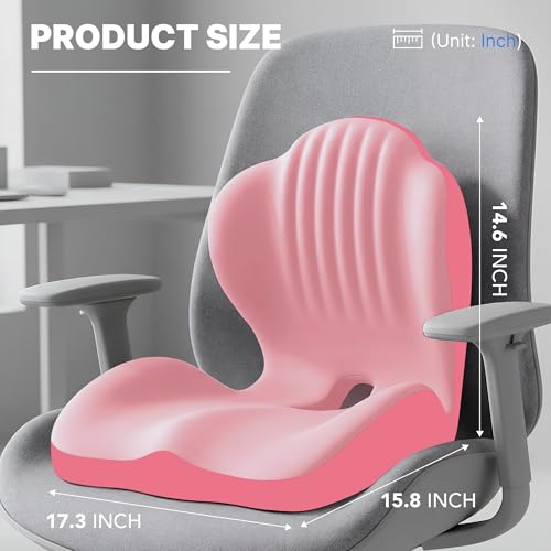Ergonomic Seat Cushion, Office Chair Seat Cushions with L-Shaped Integrated Design, Memory Foam Orthopedic Cushion with Coccyx Hollow, Lumbar Support & Tailbone Pain Relief for Long Sitting (Pink)