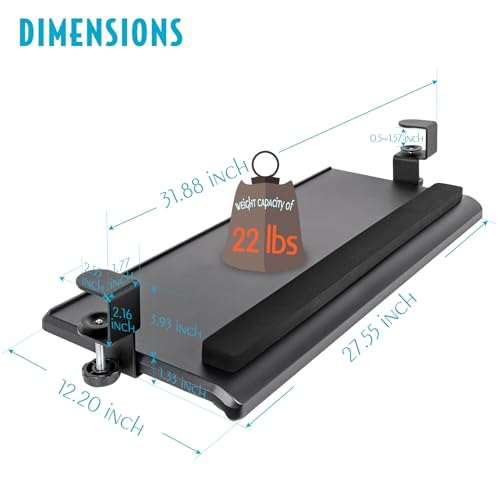 EHO Large Ergonomic C-Clamp Keyboard Tray Mount Under Desk with Wrist Rest, Slide-Out Platform 27.5" (31.8" Including Clamps) x 12.5", Pull Out Keyboard & Mouse Tray for Home or Office, Black
