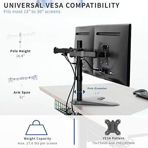 VIVO Dual 13 to 30 inch Monitor Free-Standing Mount, Fully Adjustable Desk Stand, Holds 2 Flat or Curved Display Screens, STAND-V102F