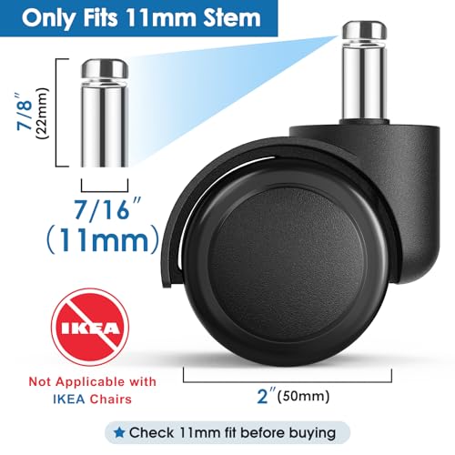 MaxGear 2" Office Chair Wheels Heavy Duty Replacement, Mute Rubber Rotating Desk Chair Caster Wheels, Safe for All Floors Including Hardwood, Only Fits 11mm Stem, NOT for 10mm or IKEA Chairs, Set of 5