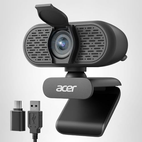 Acer 1080p Webcam USB Plug and Play Webcam for PC with Noise Cancellation Microphones Computer Camera for Desktop Streaming Gaming Online Meeting Wide Angle Privacy Cover A-to-C Adapter Easy Setup