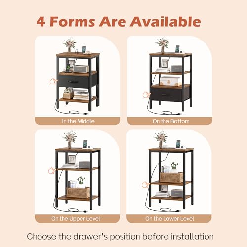 SUPERJARE Nightstand with Charging Station, Bed Side Table with Adjustable Fabric Drawer, Night Stand for Bedroom, 3-Tier Storage End Table, for Living Room, Rustic Brown and Black
