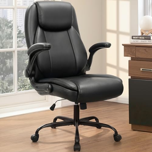 NEO CHAIR Office Desk Gaming Computer Home Chair Ergonomic Executive High Back Support Flip-up Arms Adjustable Height Swivel Rolling Wheels Comfy PU Leather (Black)