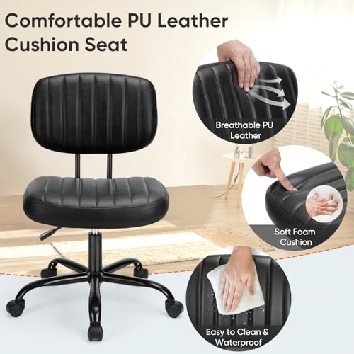 DUMOS Small Armless Home Desk Chair with Low Back Lumbar Support, Height Adjustable PU Leather Computer Task Chair with 360° Swivel Wheels, for Small Space, Adults, New Black