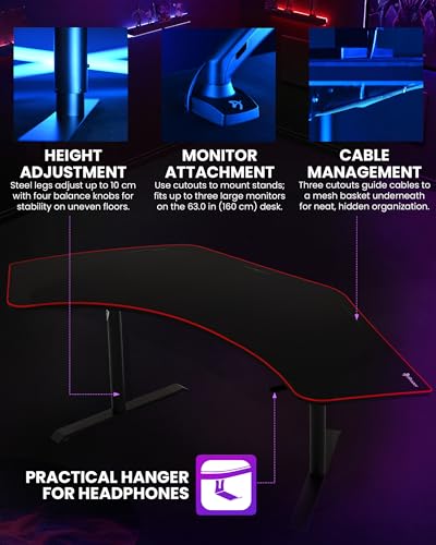 Arozzi Arena Angelo L Shaped GamingDesk, PC GamingDesk L Shape, Height Adjustable L Shaped Standing Desk for Home Office, with Full Coverage Mouse Pad (Black)