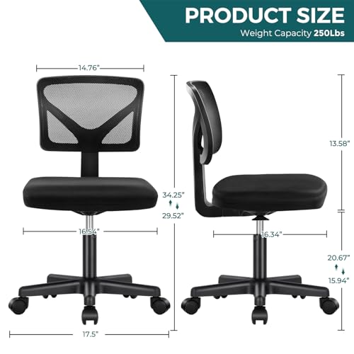 DUMOS Armless Office Chairs with Wheels, Ergonomic Adjustable Home Desk Swivel Rolling Task Chair No Arms, Comfy Mesh Mid Back Computer Work Vanity Desk Chairs for Small Spaces, New Black