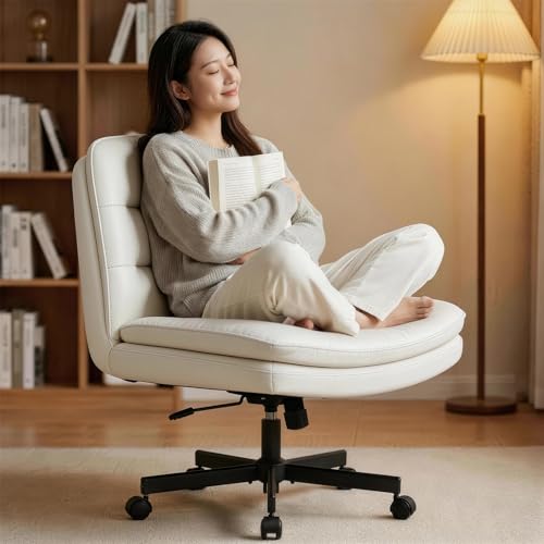 GTPLAYER Cross Legged Office Chair, Armless Desk Chair Cute Vanity Chair with Wheels Computer Chair Comfy Wide Office Chair Adjustable Swivel for Home Computer Task,Pu Leather Beige