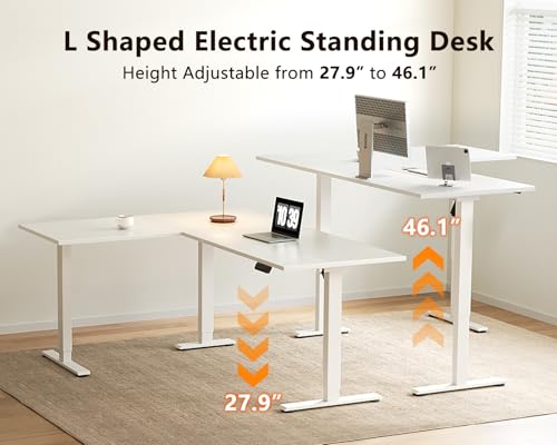 Casaottima 63 Inch Electric L-Shaped Standing Desk, Reversible Corner Desk with Height Adjustment, Large Ergonomic Workstation for Home Office, Reception Room, White