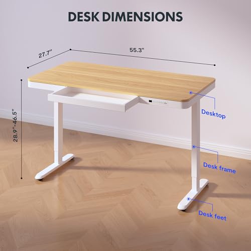 FLEXISPOT 55" Electric Standing Desk with Drawers, Quick Assembly Home Office Sit Stand Desk with Storage, USB Charging, Computer Desk for Home Office (Maple Top + White Adjustable Frame, Comhar)