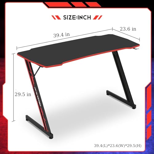 XXkseh 39 Inch Z-Shaped Computer Desk with Headset Hook - Ergonomic Small Gaming Table, MDF Desktop and Metal Frame, Red