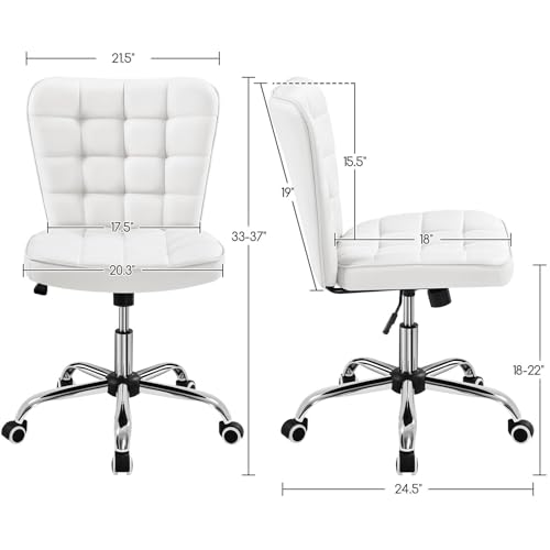 Yaheetech Armless Desk Chair Modern Tufted Office Chair Faux Leather Upholstered Computer Chair with Adjustable Seat Height and Rolling Wheels for Home/Office, White