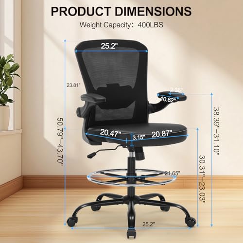 Bondesin Drafting Chair Tall Office Chair with PU Leather Seat, 400lbs Ergonomic Standing Desk Chair with Lumbar Support,Counter Stool with Adjustable Footrest Ring & Flip-up Armrests,Black