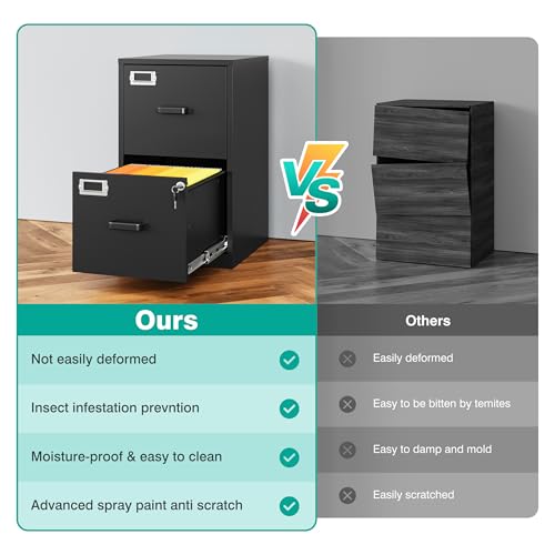 SISESOL 2 Drawer File Cabinet with Lock,Narrow Vertical Filing Cabinet,Under Desk File Cabinets,Black Metal File Cabinets for Home Office,Fit Letter/A4/Legal Size File, Easy Assembly