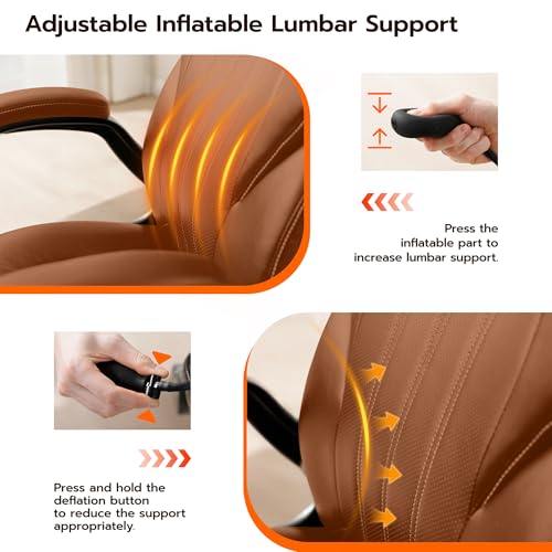 Ylzyxal Office Desk Chair, Ergonomic Computer Chair with Padded Flip-Up Arms and Adjustable Lumbar Support, PU Leather Executive Chair with Tilt Lock and 360° Swivel Rolling Wheels for Work, Study