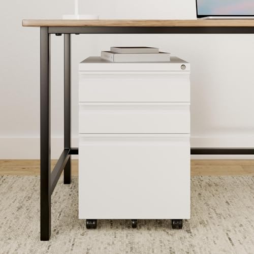 Mount-It! 3 Drawer File Cabinet with Lock and Wheels, Under Desk Storage Filing Pedestal for Home Office, No Assembly Small Rolling File Cabinet for Legal, Letter, and A4 Files in White