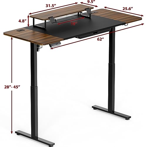 SHW 62-Inch Electric Height Adjustable Standing Desk with Monitor Riser and Drawer, Walnut