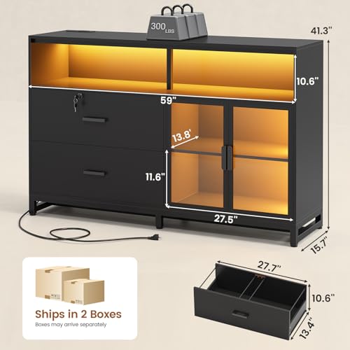 SEDETA 59" File Cabinet, 2 Drawers Filing Cabinets for Home Office fit Legal/Letter/A4 File, File Cabinet with Lock & Power Outlets, Printer Stand with Storage & LED Lights, Black