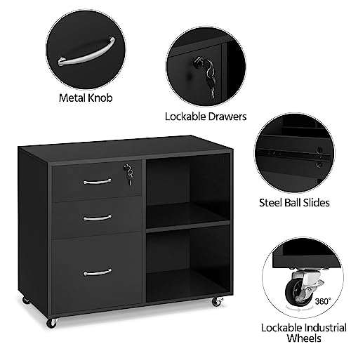 Yaheetech Black File Cabinet with Lock for Letter, A4 Size,3 Drawer Lateral Cabinet Printer Stand with Open Storage Compartments for Home Office, Black