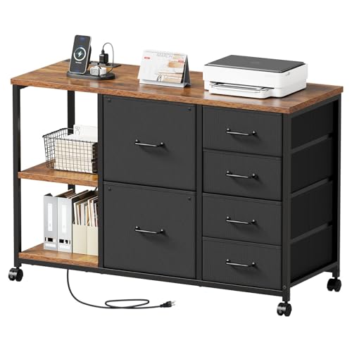 Maihail 6 Drawer File Cabinet with Charging Station Rolling Printer Stand with Open Storage Shelf Fabric Lateral Filing Cabinet for Home Office,Rustic Brown