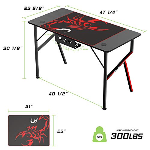 EUREKA ERGONOMIC EE Gaming Desk Office Desk Computer Desk Home Table 47 Inch Desk with Mouse Pad Headset Hook Cup Holder Controller Stand, Black