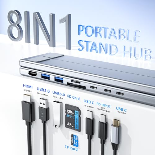 Umaniy Laptop Stand with Docking Station, 8 in 1 USB C Hub HDMI Portable Laptop Stand for Desk with USB Ports, Multiport USBC Dock Stands Foldable Adjustable Computer Riser Holder Dongle for MacBook