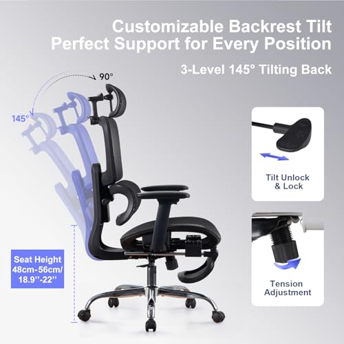 LarkLeaves Office Chair with Footrest, Ergonomic Chair with 3D Headrest, Computer Chair with Adjustable Backrest & 3D Armrest, Gaming Chair with Adaptive Lumbar Support, Mesh Backrest & Cushion, Black