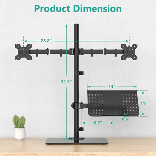 WALI Dual Monitor Stand with Laptop Holder, Height Adjustable Laptop Stand for Desk, Fits up to 27 inch Monitors and 17 inch Laptops, Freestanding Dual Monitor Mount with Glass Base(GMF003LP), Black