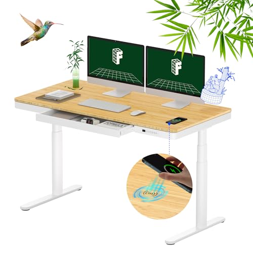 FLEXISPOT Q8 55" Bamboo Standing Desk, Dual Motor 3 Stages Adjustable Height Electric Computer Workstation w/Wireless Charging, Drawer, Quick Install, 220lbs Capacity (Bamboo Tabletop + White Frame)